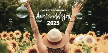 Kvinna i fält med solrosor, rubrik i bilden "Dags att nominera årets eldsjäl 2025"